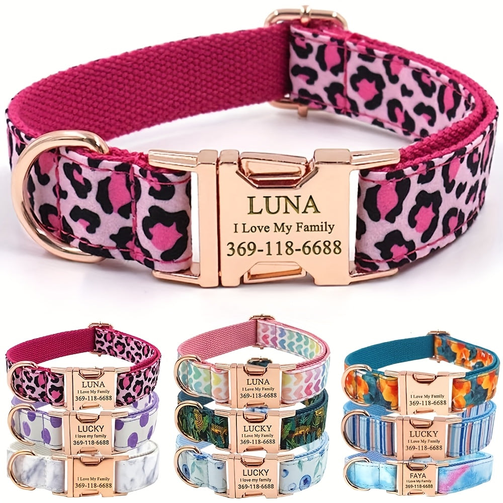 Personalized Dog Collar, Customized for Medium & Large Dogs, with Name & Phone Engraved on Metal Buckle, Multiple Pattern Prints, Fancy Cute Bow Tie Leash Available