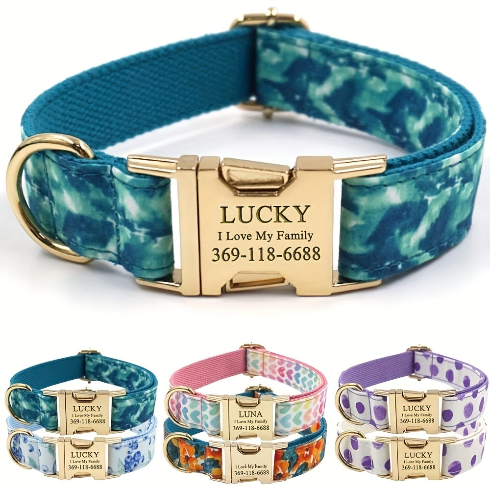 Personalized Dog Collar, Customized for Medium & Large Dogs, with Name & Phone Engraved on Metal Buckle, Multiple Pattern Prints, Fancy Cute Bow Tie Leash Available