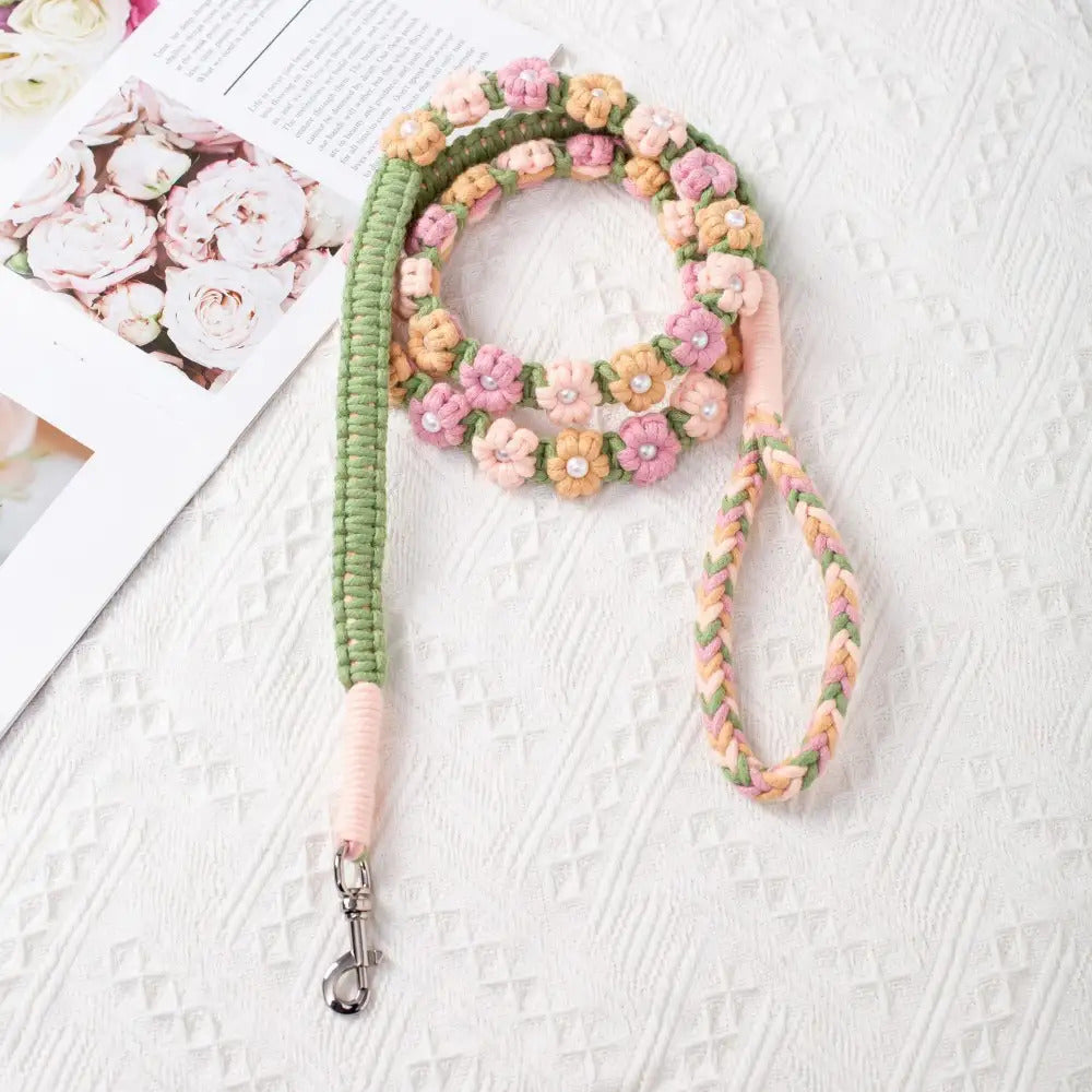 59.06 Inch Handmade Braided Rope Dog Leash with Floral Bead Accents - Durable 5ft Decorative Leash for Small to Medium Breeds, Christmas Gift for Dog Owners, Stylish Pet Accessory
