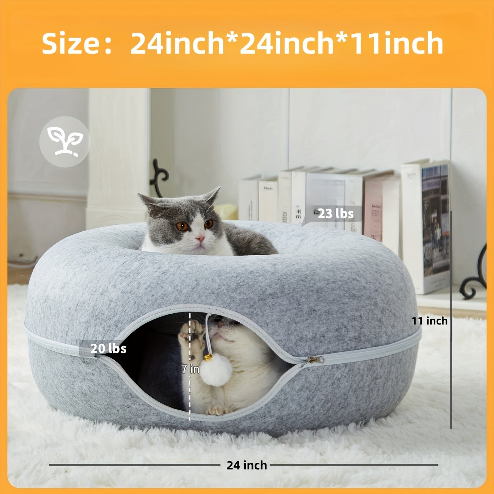 Peekaboo Cat Cave for Indoor Cats, Cat Donut Cat Tunnel Bed, Scratch Resistant Cat Toys for Medium Large Cats, Toy Ball with Bell