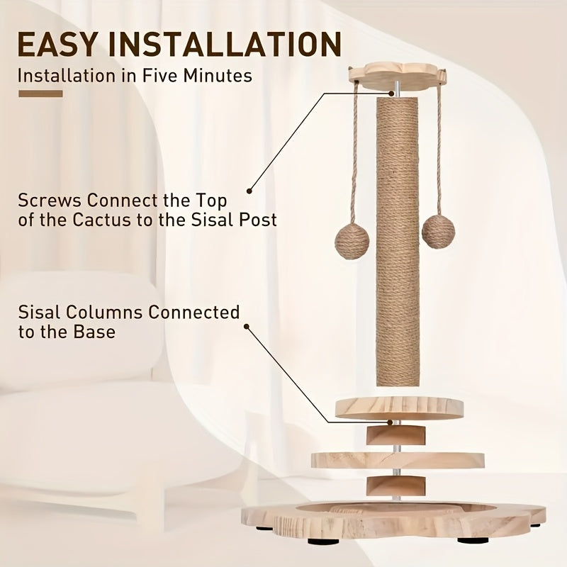 Multi-level Cat Scratching Post, Crafted From Premium Sisal, 4-in-1 Solid Wood Kitten Toy: Scratching Post + Six Wooden Toy Ball + Feather Toy + Dual-Layer Ball Track | Sturdy Anti-Tip Base,Durable, Perfect for Indoor Cats And Multi-cat Households