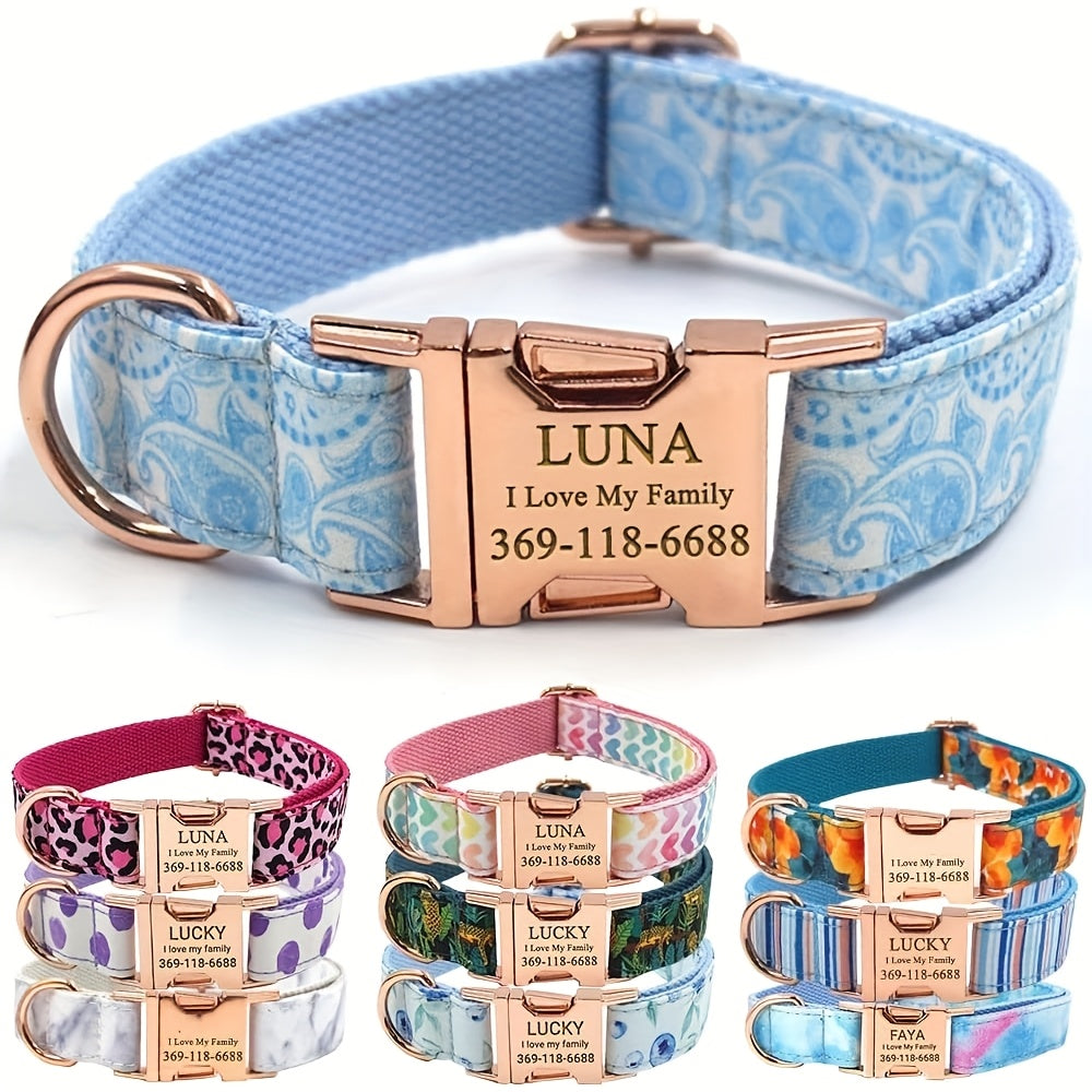 Personalized Dog Collar, Customized for Medium & Large Dogs, with Name & Phone Engraved on Metal Buckle, Multiple Pattern Prints, Fancy Cute Bow Tie Leash Available