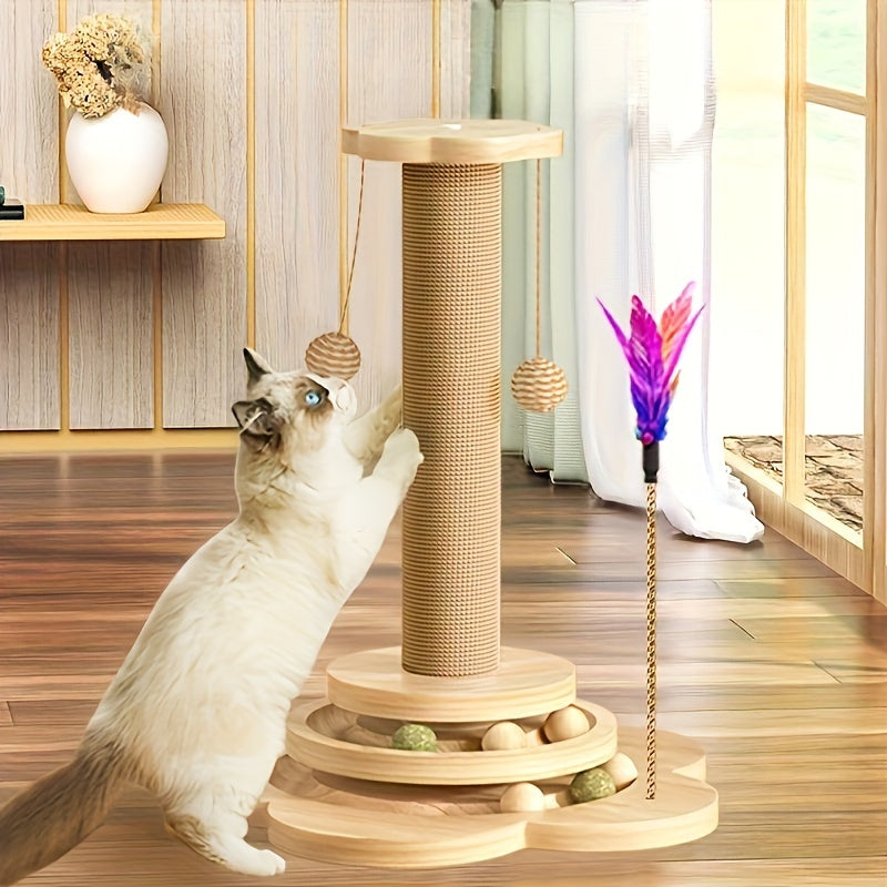 Multi-level Cat Scratching Post, Crafted From Premium Sisal, 4-in-1 Solid Wood Kitten Toy: Scratching Post + Six Wooden Toy Ball + Feather Toy + Dual-Layer Ball Track | Sturdy Anti-Tip Base,Durable, Perfect for Indoor Cats And Multi-cat Households
