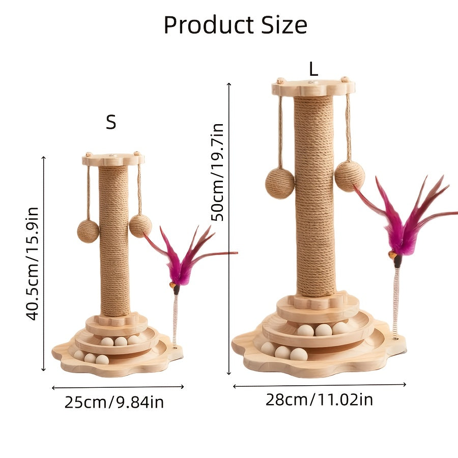 Multi-level Cat Scratching Post, Crafted From Premium Sisal, 4-in-1 Solid Wood Kitten Toy: Scratching Post + Six Wooden Toy Ball + Feather Toy + Dual-Layer Ball Track | Sturdy Anti-Tip Base,Durable, Perfect for Indoor Cats And Multi-cat Households