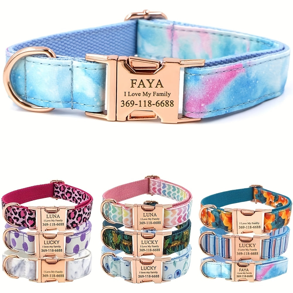 Personalized Dog Collar, Customized for Medium & Large Dogs, with Name & Phone Engraved on Metal Buckle, Multiple Pattern Prints, Fancy Cute Bow Tie Leash Available