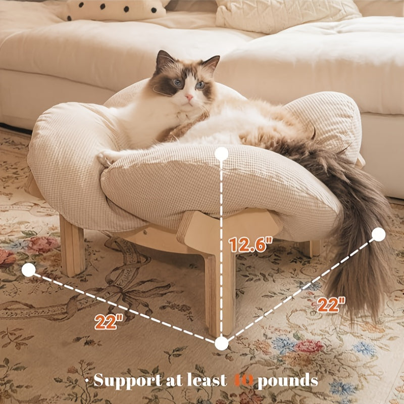 Padded Wooden Elevated Cat Bed Fluffy Pet Sofa Indoor Cat Lifting Lounge Chair with Hardware Tools Suitable for Puppies and Cats Furniture(Two Hemp Fish Are Included as a Gift.)