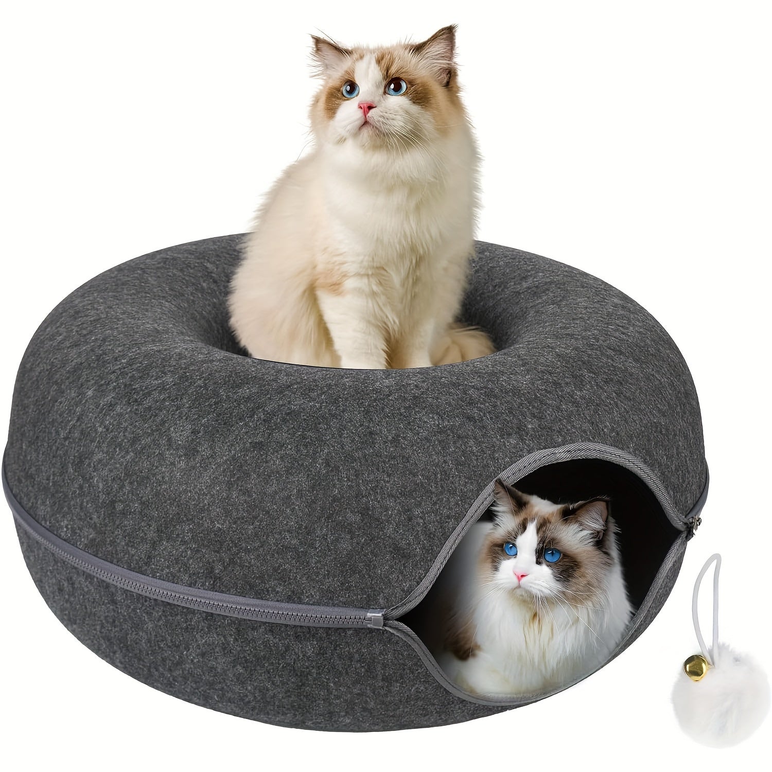 Peekaboo Cat Cave for Indoor Cats, Cat Donut Cat Tunnel Bed, Scratch Resistant Cat Toys for Medium Large Cats, Toy Ball with Bell