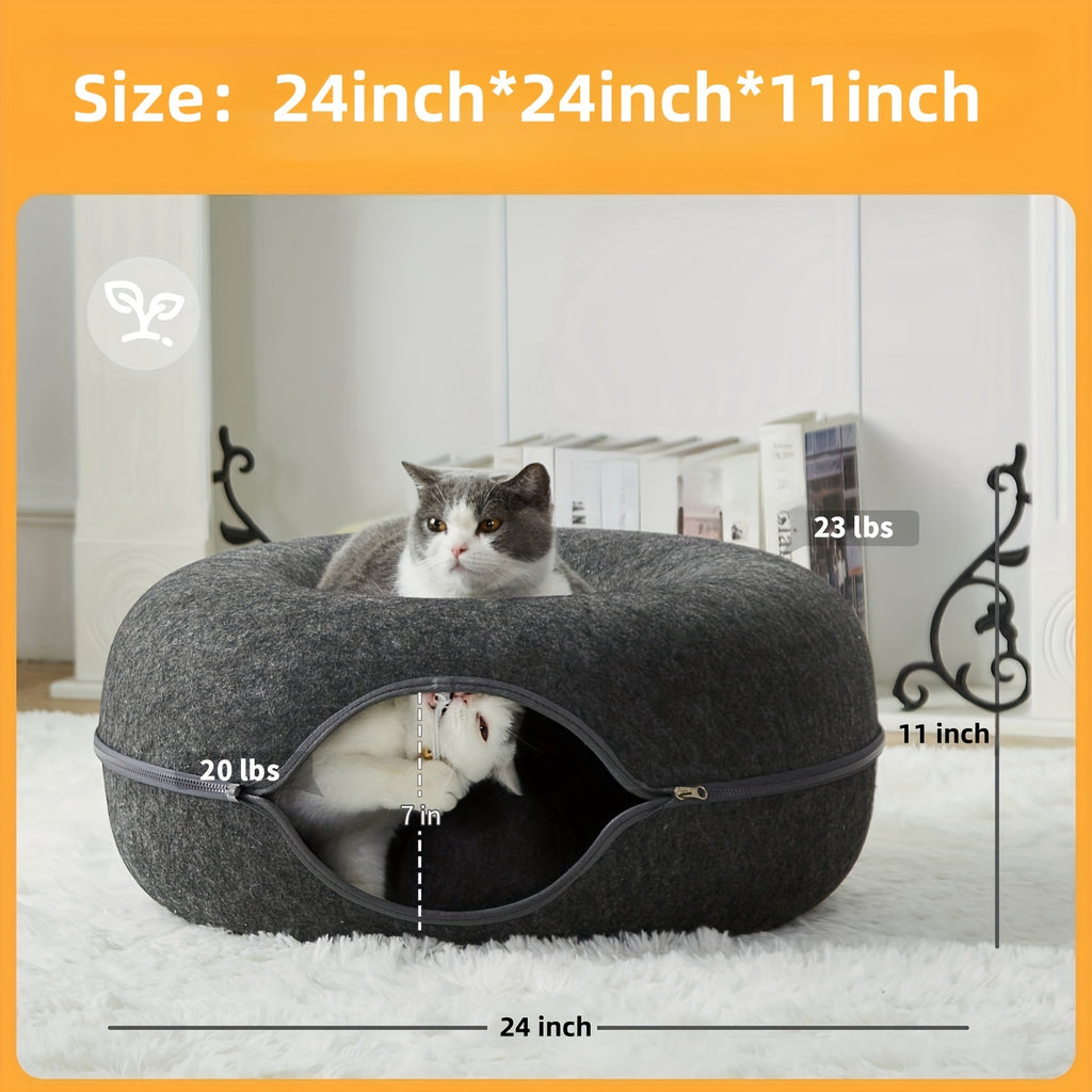 Peekaboo Cat Cave for Indoor Cats, Cat Donut Cat Tunnel Bed, Scratch Resistant Cat Toys for Medium Large Cats, Toy Ball with Bell