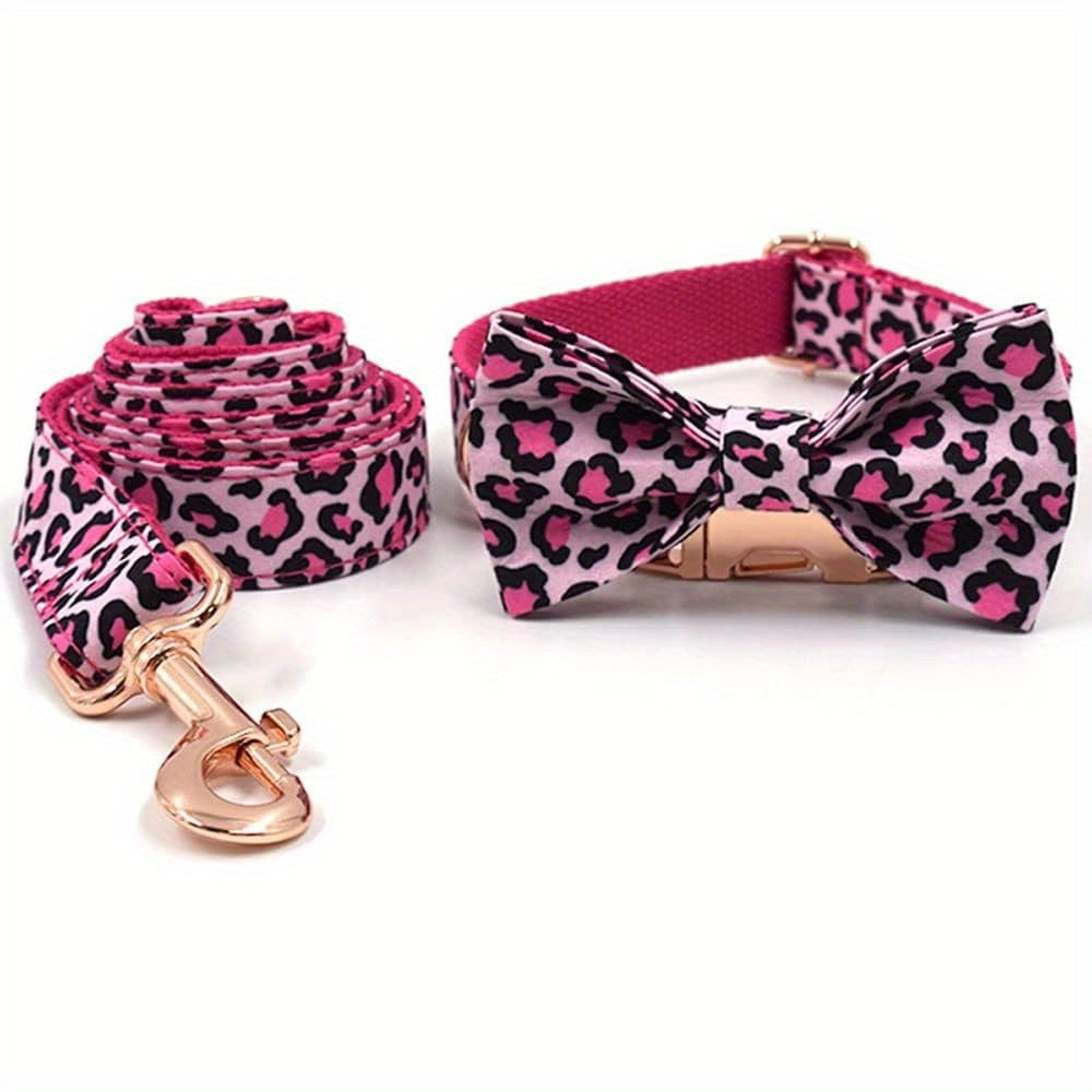 Personalized Dog Collar, Customized for Medium & Large Dogs, with Name & Phone Engraved on Metal Buckle, Multiple Pattern Prints, Fancy Cute Bow Tie Leash Available