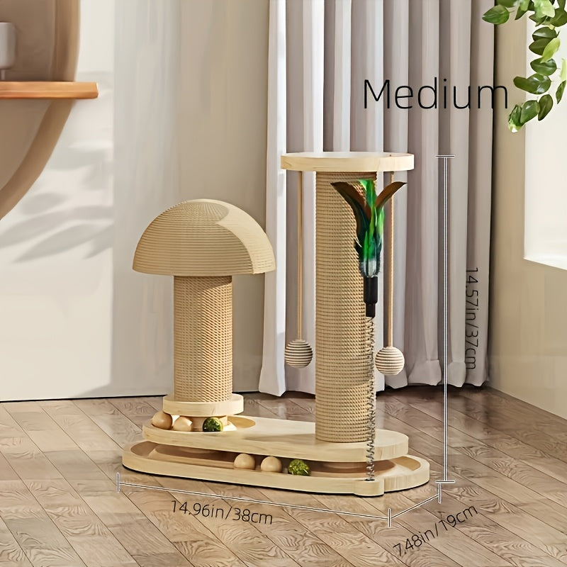 Multi-level Cat Scratching Post, Crafted From Premium Sisal, 4-in-1 Solid Wood Kitten Toy: Scratching Post + Six Wooden Toy Ball + Feather Toy + Dual-Layer Ball Track | Sturdy Anti-Tip Base,Durable, Perfect for Indoor Cats And Multi-cat Households