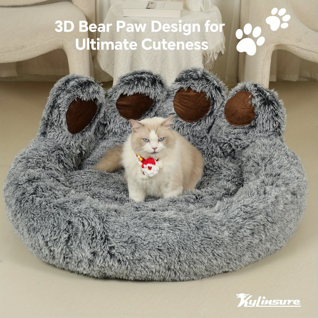 Double Gray Cute Bear Paw Shaped Pet Mattress, Warm And Comfortable Soft Dog Round Mattress, Calm Donut Pet Mattress, Plush Dog And Cat Mattress, Paired With A Pet Scarf