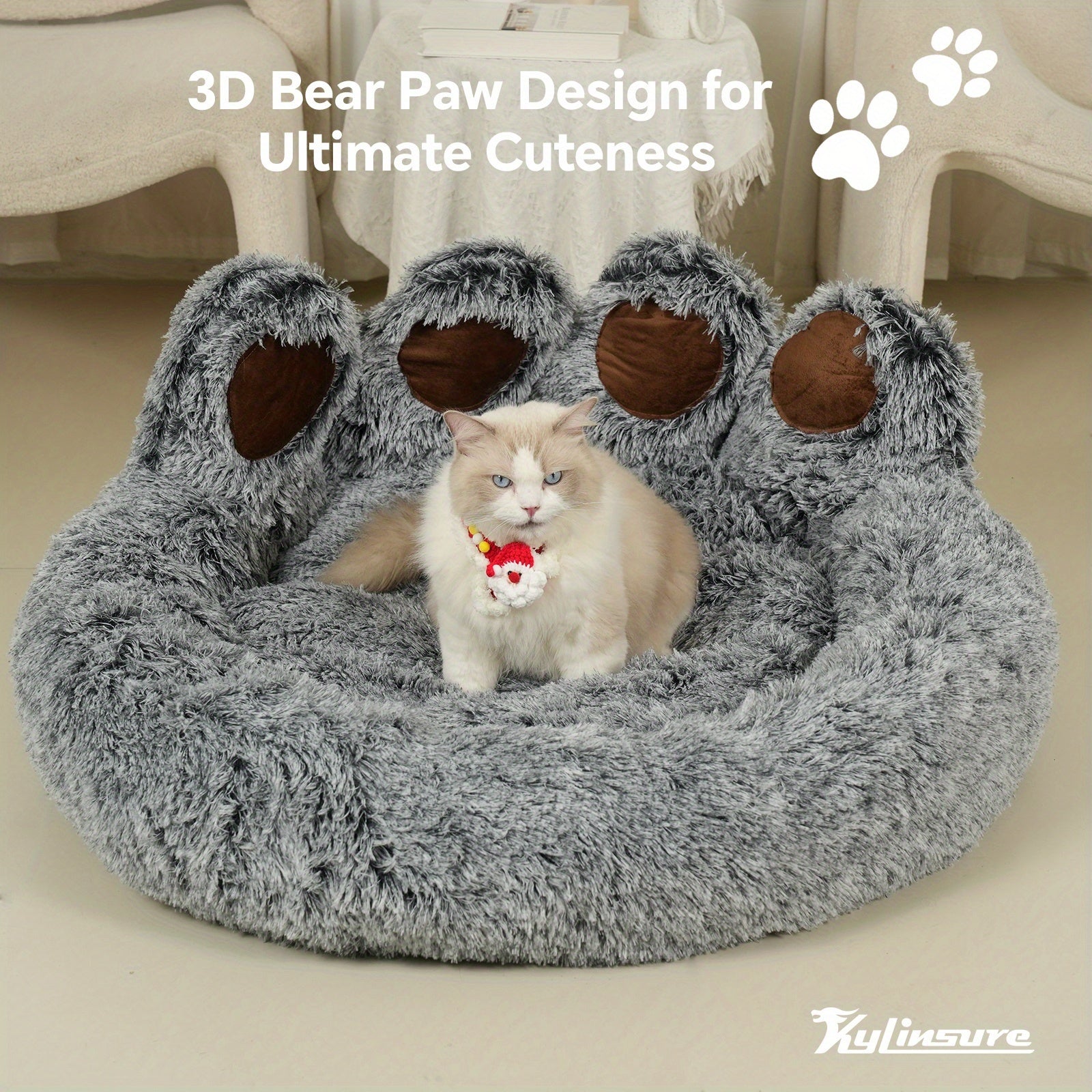 Double Gray Cute Bear Paw Shaped Pet Mattress, Warm And Comfortable Soft Dog Round Mattress, Calm Donut Pet Mattress, Plush Dog And Cat Mattress, Paired With A Pet Scarf