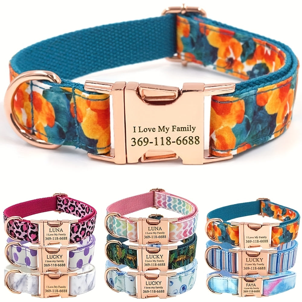 Personalized Dog Collar, Customized for Medium & Large Dogs, with Name & Phone Engraved on Metal Buckle, Multiple Pattern Prints, Fancy Cute Bow Tie Leash Available