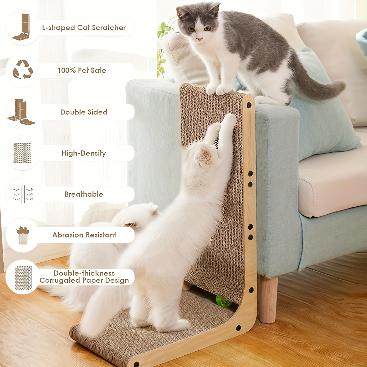 L-Shaped Vertical Cat Scratcher with Ball Toy - Durable Wall-Mounted Cardboard Scratch Pad for Indoor Cats-Perfect Pet Toy