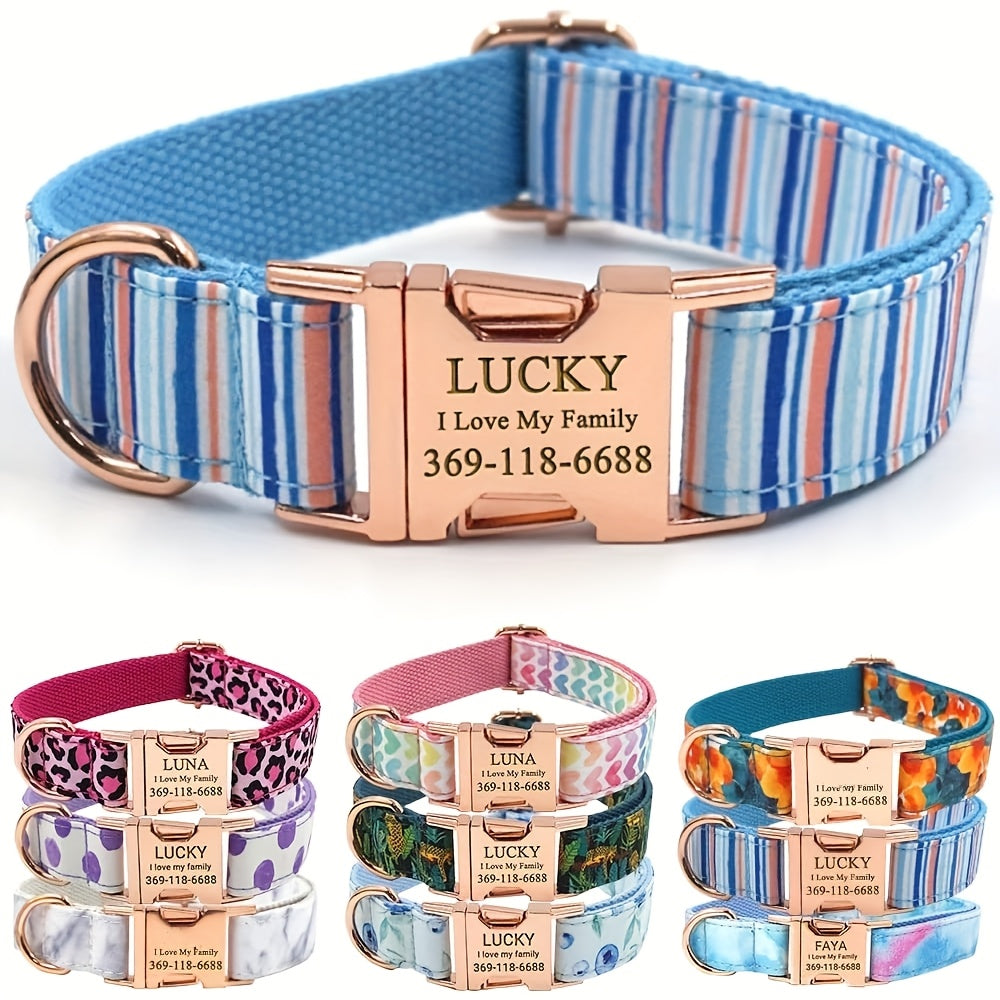 Personalized Dog Collar, Customized for Medium & Large Dogs, with Name & Phone Engraved on Metal Buckle, Multiple Pattern Prints, Fancy Cute Bow Tie Leash Available