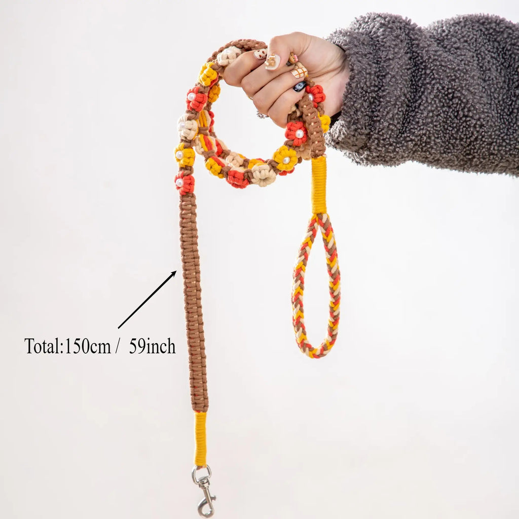 59.06 Inch Handmade Braided Rope Dog Leash with Floral Bead Accents - Durable 5ft Decorative Leash for Small to Medium Breeds, Christmas Gift for Dog Owners, Stylish Pet Accessory
