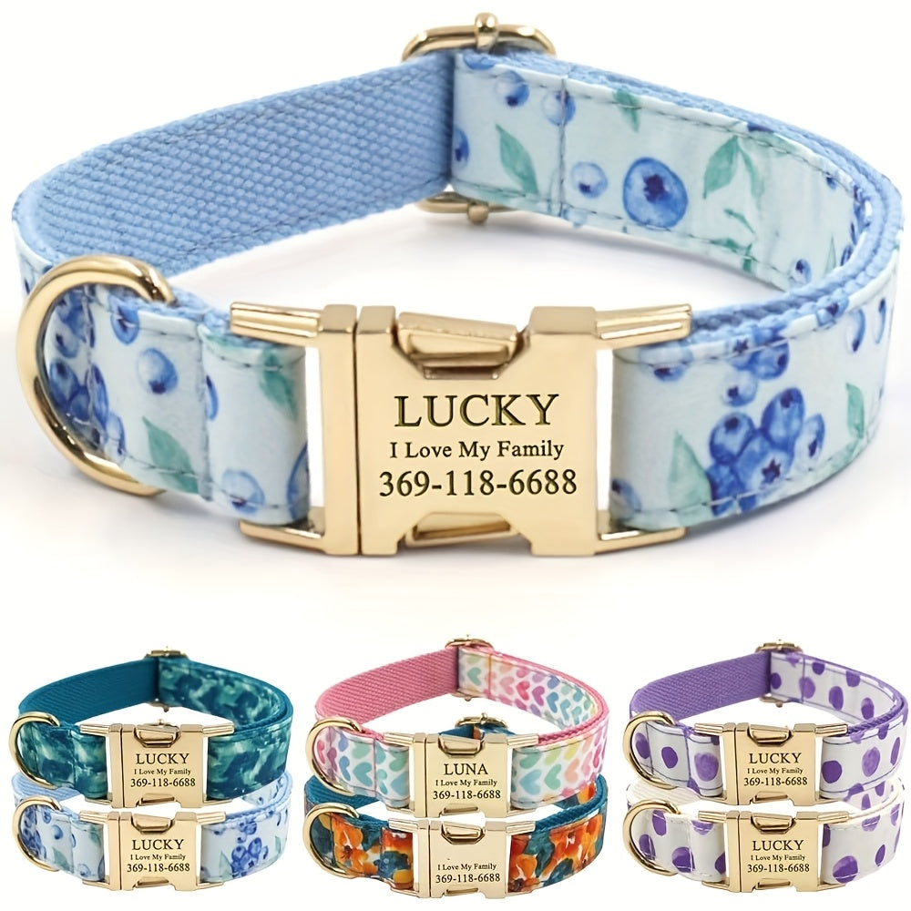 Personalized Dog Collar, Customized for Medium & Large Dogs, with Name & Phone Engraved on Metal Buckle, Multiple Pattern Prints, Fancy Cute Bow Tie Leash Available