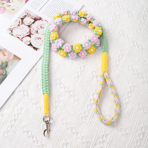 59.06 Inch Handmade Braided Rope Dog Leash with Floral Bead Accents - Durable 5ft Decorative Leash for Small to Medium Breeds, Christmas Gift for Dog Owners, Stylish Pet Accessory