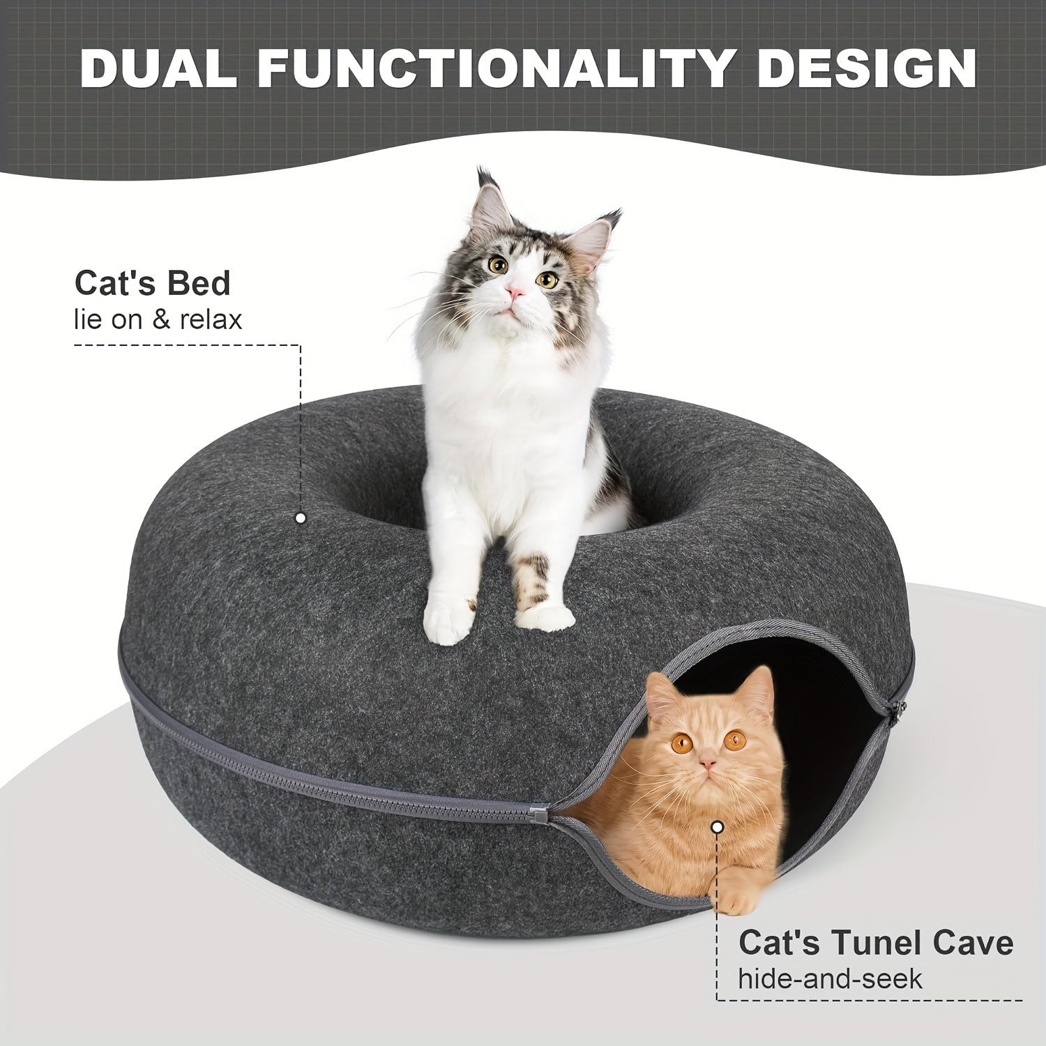 Peekaboo Cat Cave for Indoor Cats, Cat Donut Cat Tunnel Bed, Scratch Resistant Cat Toys for Medium Large Cats, Toy Ball with Bell