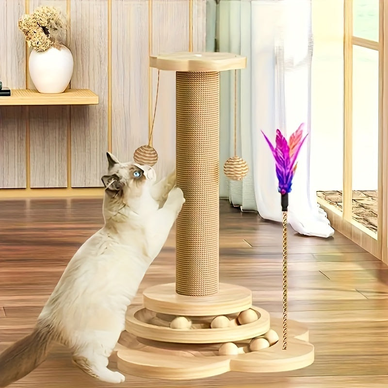 Multi-level Cat Scratching Post, Crafted From Premium Sisal, 4-in-1 Solid Wood Kitten Toy: Scratching Post + Six Wooden Toy Ball + Feather Toy + Dual-Layer Ball Track | Sturdy Anti-Tip Base,Durable, Perfect for Indoor Cats And Multi-cat Households