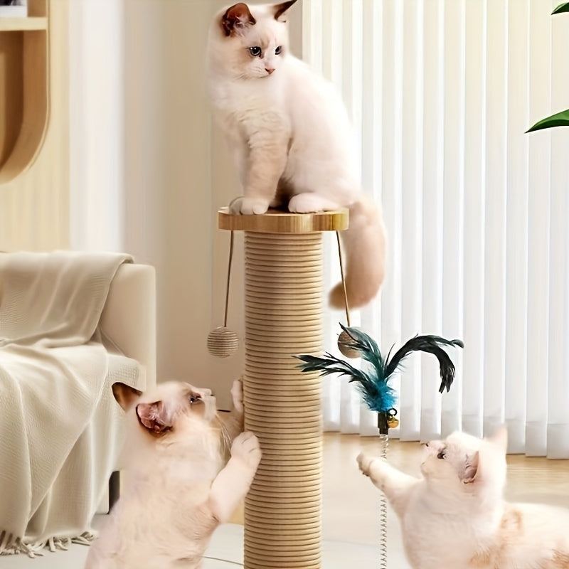 Multi-level Cat Scratching Post, Crafted From Premium Sisal, 4-in-1 Solid Wood Kitten Toy: Scratching Post + Six Wooden Toy Ball + Feather Toy + Dual-Layer Ball Track | Sturdy Anti-Tip Base,Durable, Perfect for Indoor Cats And Multi-cat Households