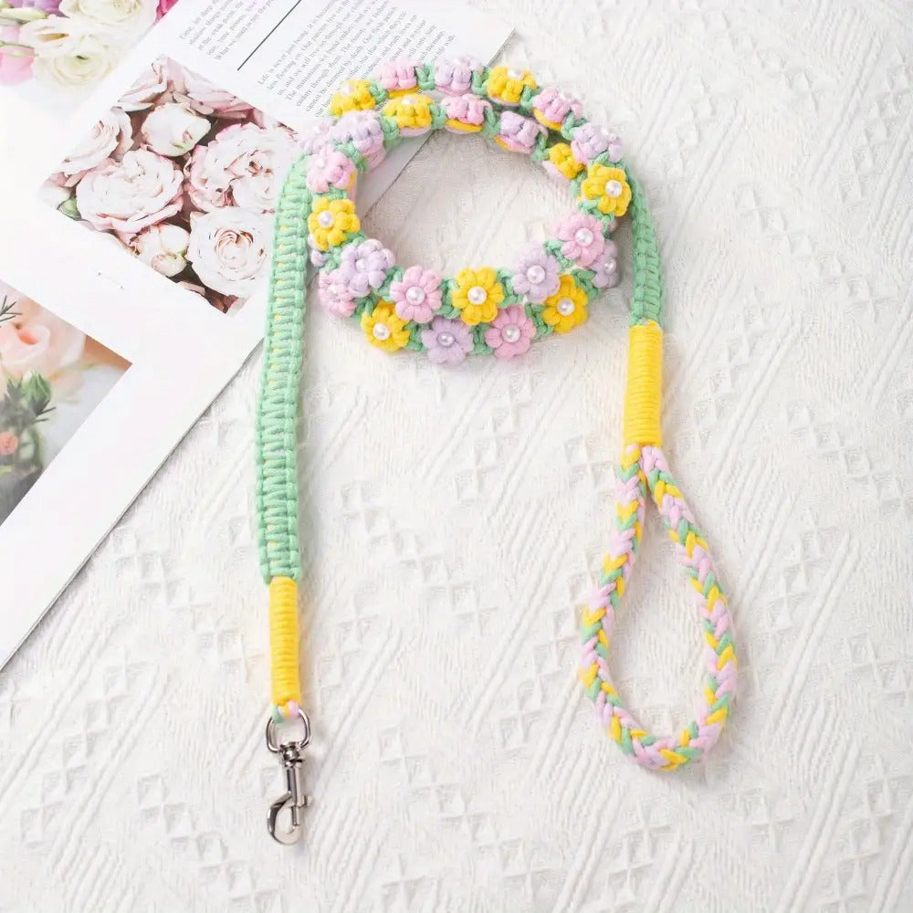 59.06 Inch Handmade Braided Rope Dog Leash with Floral Bead Accents - Durable 5ft Decorative Leash for Small to Medium Breeds, Christmas Gift for Dog Owners, Stylish Pet Accessory