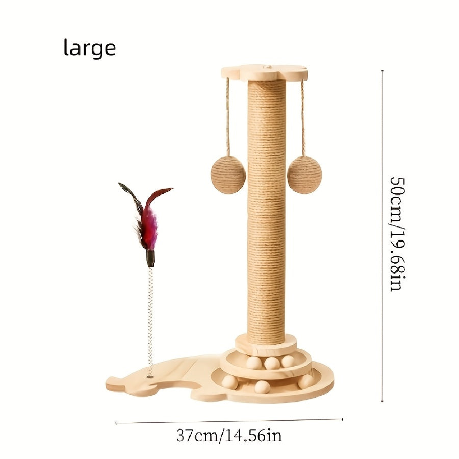 Multi-level Cat Scratching Post, Crafted From Premium Sisal, 4-in-1 Solid Wood Kitten Toy: Scratching Post + Six Wooden Toy Ball + Feather Toy + Dual-Layer Ball Track | Sturdy Anti-Tip Base,Durable, Perfect for Indoor Cats And Multi-cat Households
