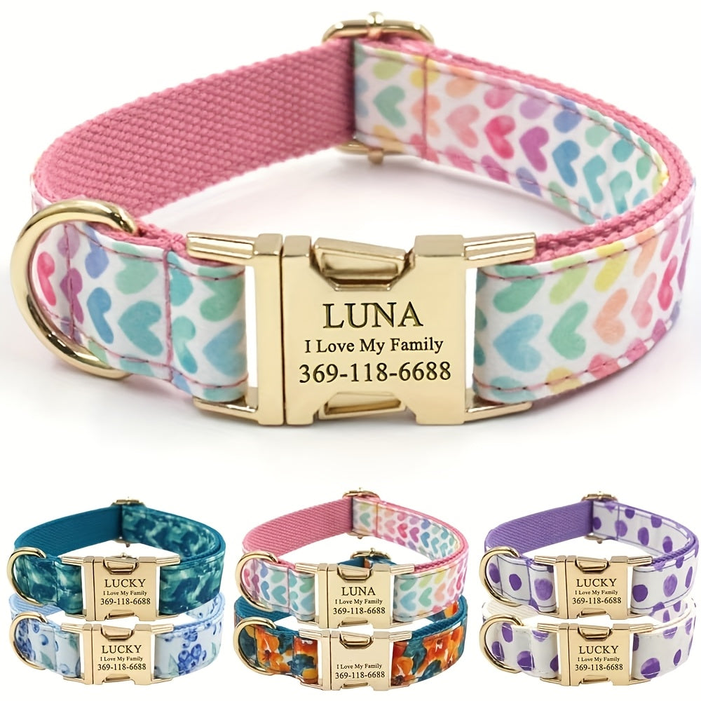 Personalized Dog Collar, Customized for Medium & Large Dogs, with Name & Phone Engraved on Metal Buckle, Multiple Pattern Prints, Fancy Cute Bow Tie Leash Available