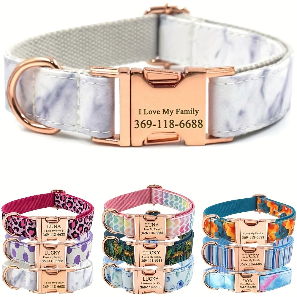 Personalized Dog Collar, Customized for Medium & Large Dogs, with Name & Phone Engraved on Metal Buckle, Multiple Pattern Prints, Fancy Cute Bow Tie Leash Available