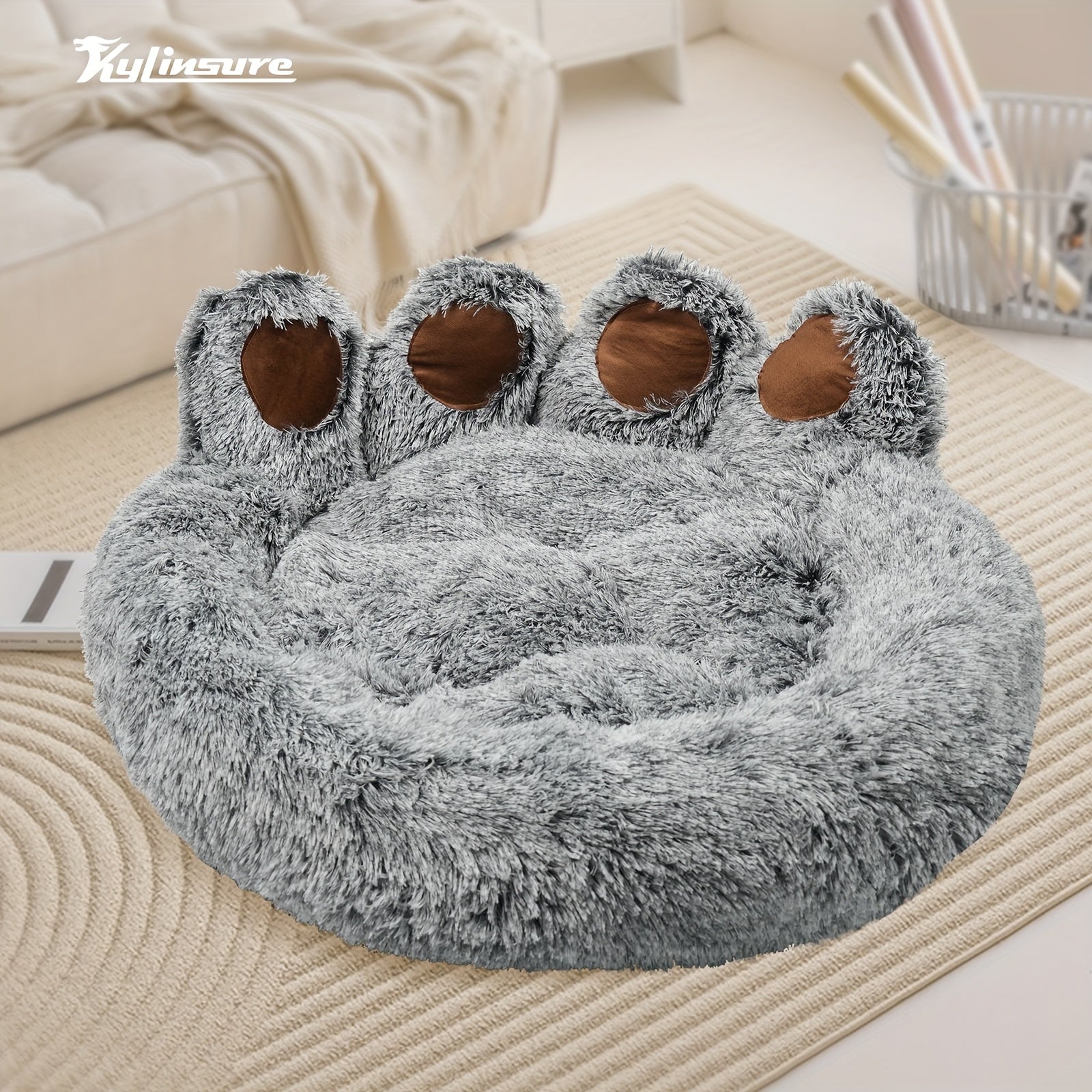 Double Gray Cute Bear Paw Shaped Pet Mattress, Warm And Comfortable Soft Dog Round Mattress, Calm Donut Pet Mattress, Plush Dog And Cat Mattress, Paired With A Pet Scarf