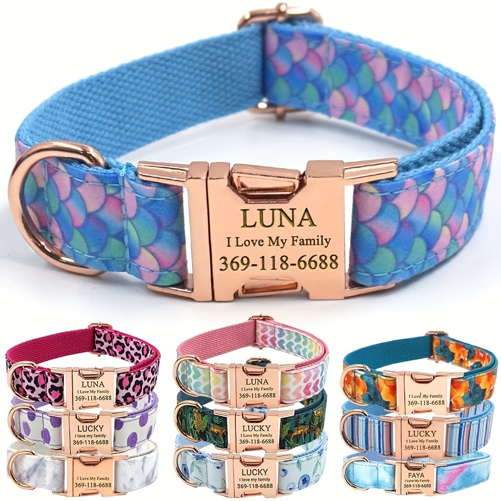 Personalized Dog Collar, Customized for Medium & Large Dogs, with Name & Phone Engraved on Metal Buckle, Multiple Pattern Prints, Fancy Cute Bow Tie Leash Available