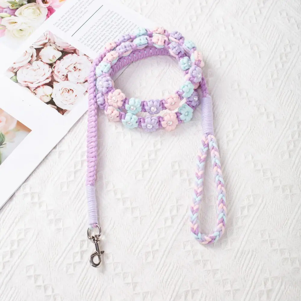 59.06 Inch Handmade Braided Rope Dog Leash with Floral Bead Accents - Durable 5ft Decorative Leash for Small to Medium Breeds, Christmas Gift for Dog Owners, Stylish Pet Accessory