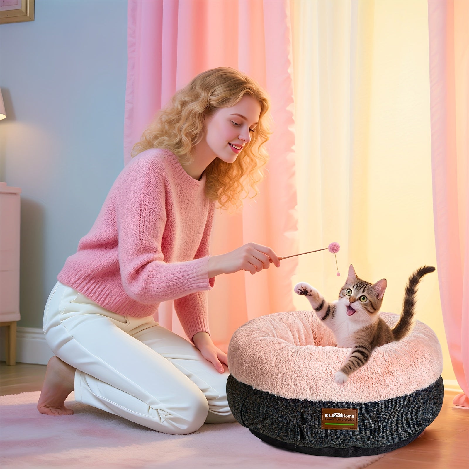 Indoor Cat Bed - 20-Inch Round Soft Pet Bed for Small Dogs And Cats Weighing Up to 11 Lbs, Comfortable Donut Shape with Elevated And Non-Slip Base, Machine Washable Fluffy Calming Bed for Kittens And Puppies
