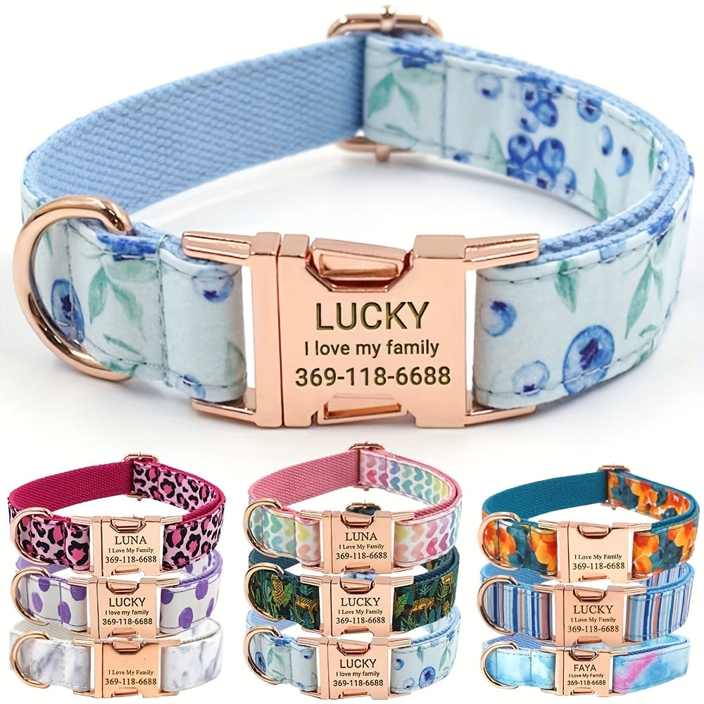 Personalized Dog Collar, Customized for Medium & Large Dogs, with Name & Phone Engraved on Metal Buckle, Multiple Pattern Prints, Fancy Cute Bow Tie Leash Available