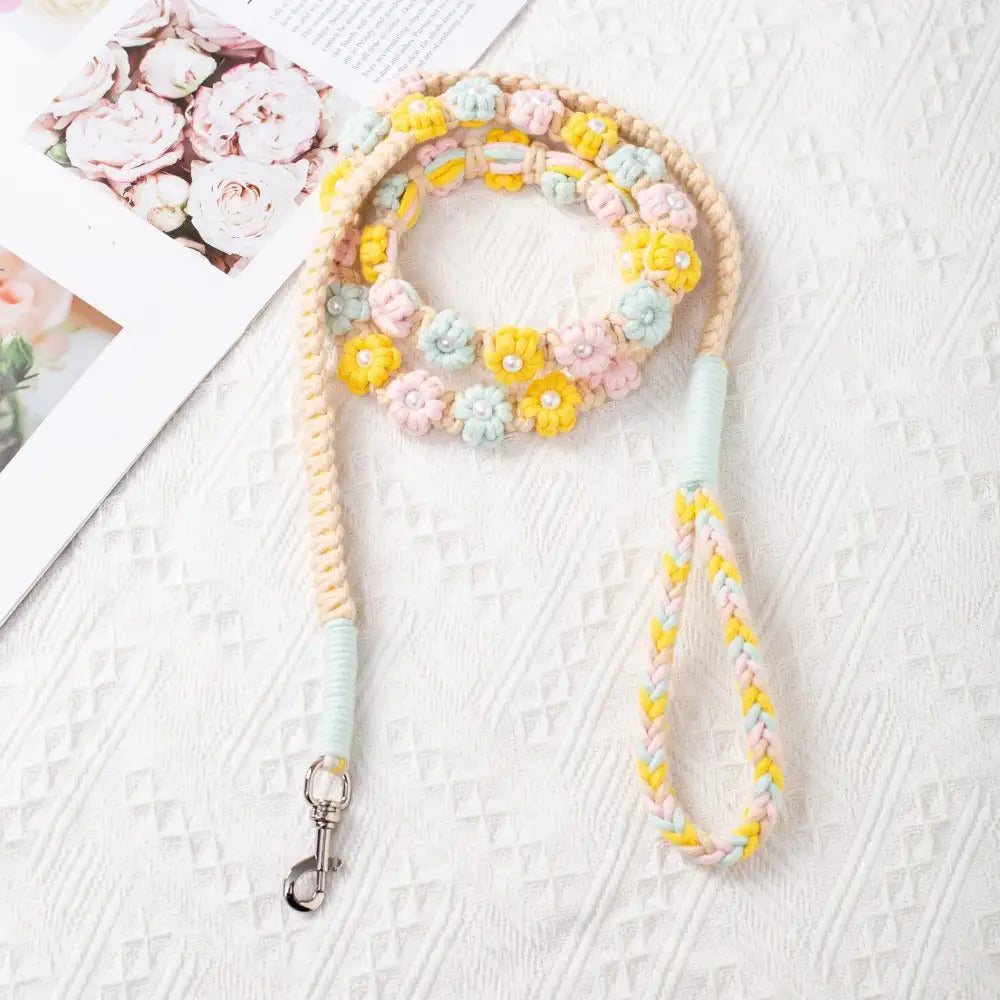 59.06 Inch Handmade Braided Rope Dog Leash with Floral Bead Accents - Durable 5ft Decorative Leash for Small to Medium Breeds, Christmas Gift for Dog Owners, Stylish Pet Accessory