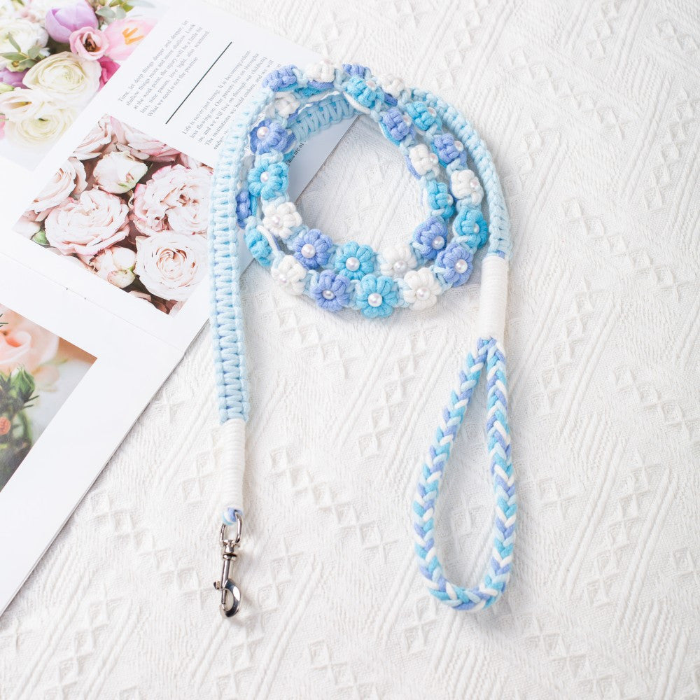59.06 Inch Handmade Braided Rope Dog Leash with Floral Bead Accents - Durable 5ft Decorative Leash for Small to Medium Breeds, Christmas Gift for Dog Owners, Stylish Pet Accessory