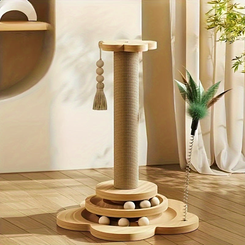 Multi-level Cat Scratching Post, Crafted From Premium Sisal, 4-in-1 Solid Wood Kitten Toy: Scratching Post + Six Wooden Toy Ball + Feather Toy + Dual-Layer Ball Track | Sturdy Anti-Tip Base,Durable, Perfect for Indoor Cats And Multi-cat Households