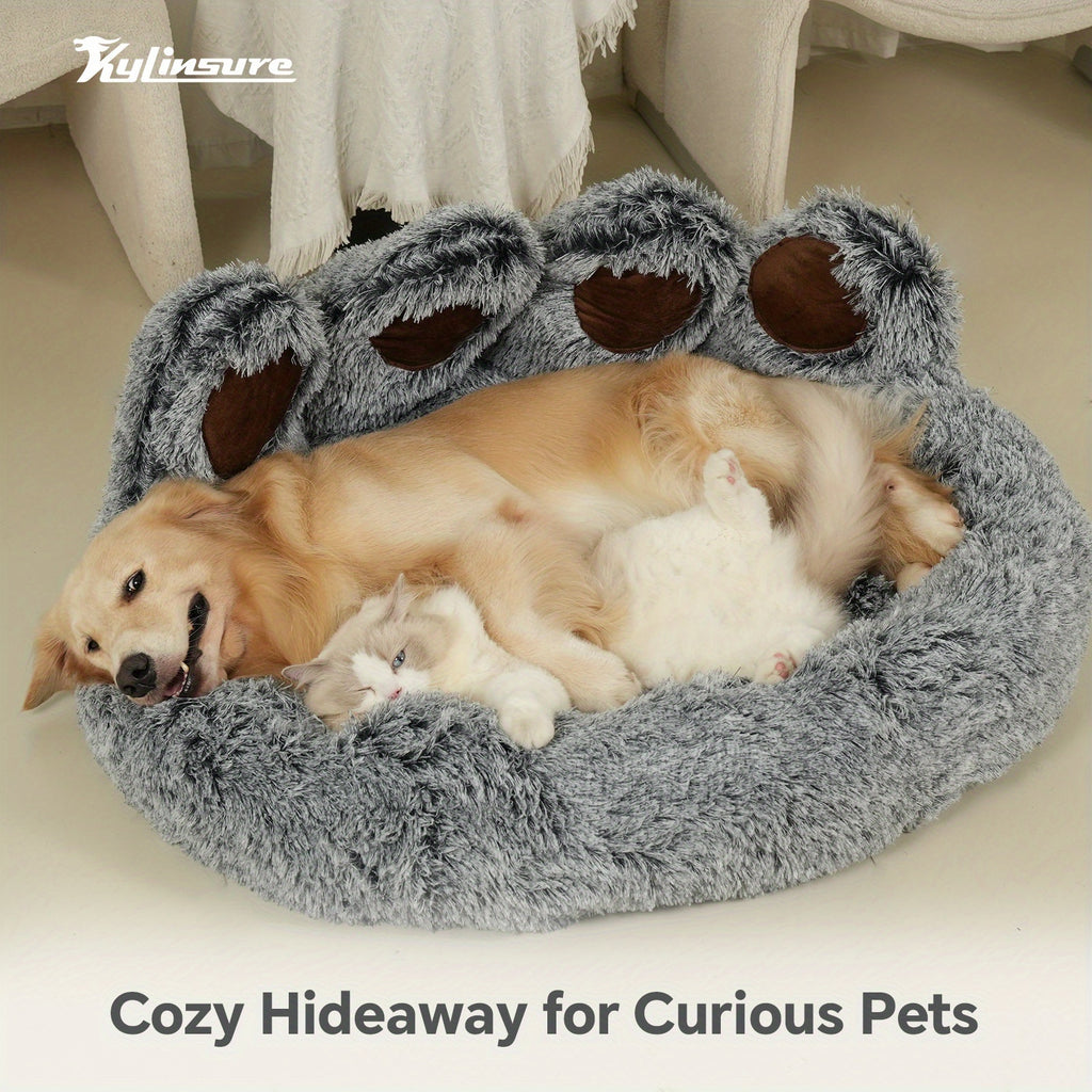 Double Gray Cute Bear Paw Shaped Pet Mattress, Warm And Comfortable Soft Dog Round Mattress, Calm Donut Pet Mattress, Plush Dog And Cat Mattress, Paired With A Pet Scarf
