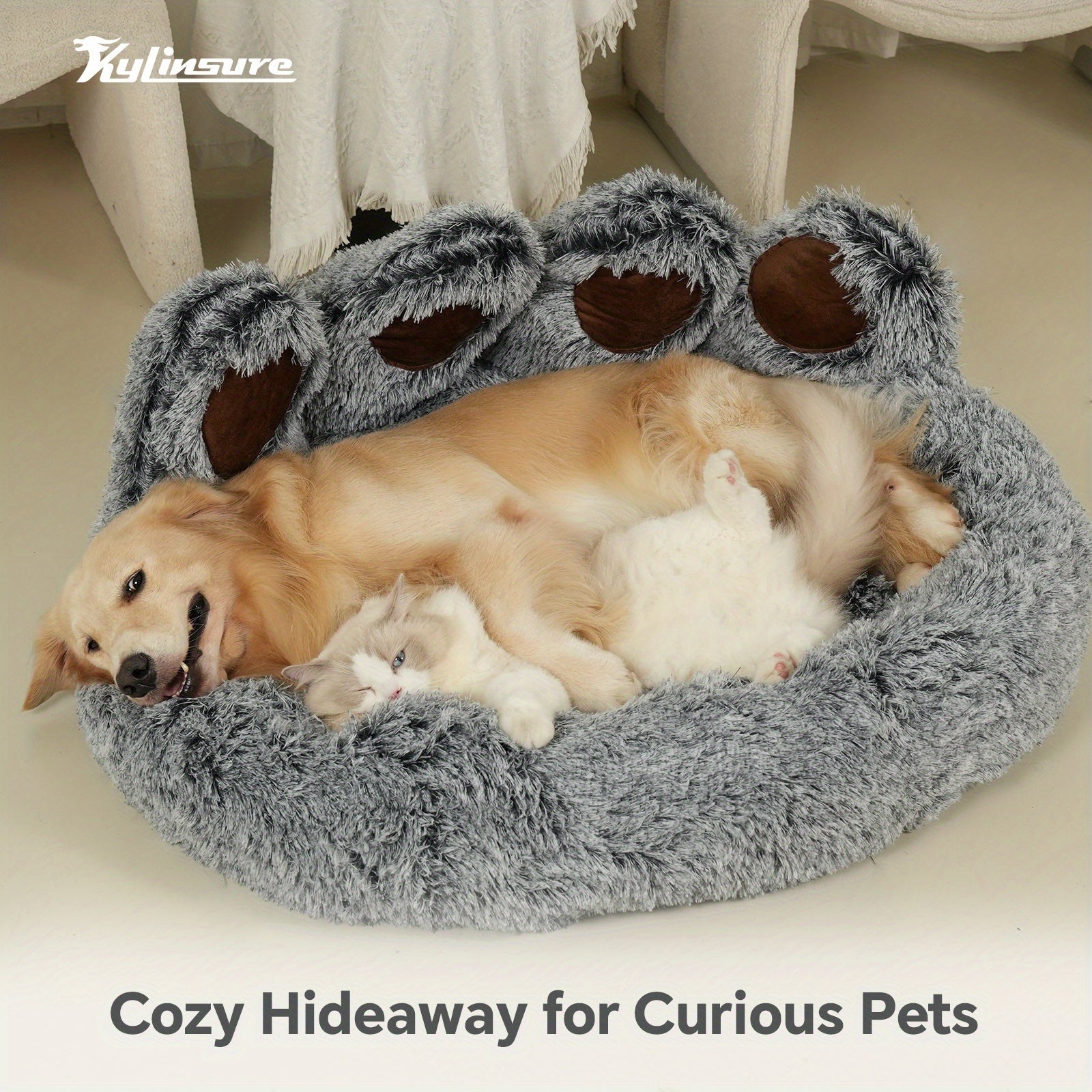 Double Gray Cute Bear Paw Shaped Pet Mattress, Warm And Comfortable Soft Dog Round Mattress, Calm Donut Pet Mattress, Plush Dog And Cat Mattress, Paired With A Pet Scarf