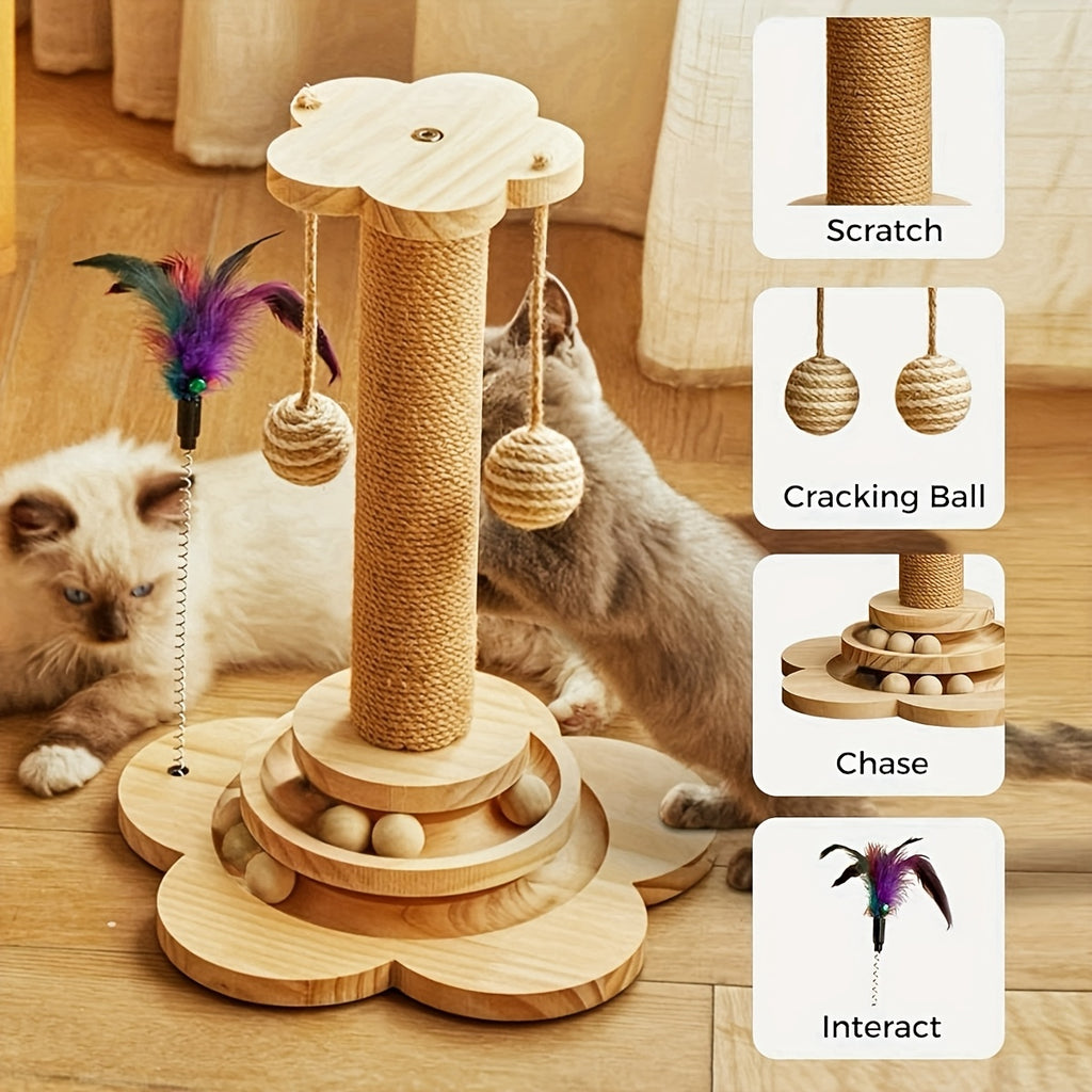 Multi-level Cat Scratching Post, Crafted From Premium Sisal, 4-in-1 Solid Wood Kitten Toy: Scratching Post + Six Wooden Toy Ball + Feather Toy + Dual-Layer Ball Track | Sturdy Anti-Tip Base,Durable, Perfect for Indoor Cats And Multi-cat Households