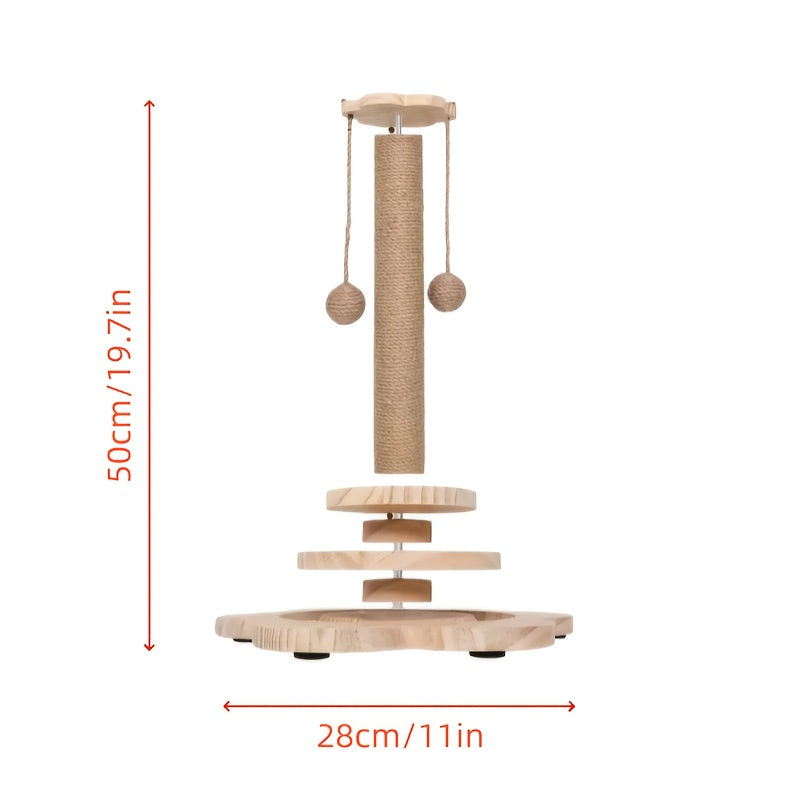 Multi-level Cat Scratching Post, Crafted From Premium Sisal, 4-in-1 Solid Wood Kitten Toy: Scratching Post + Six Wooden Toy Ball + Feather Toy + Dual-Layer Ball Track | Sturdy Anti-Tip Base,Durable, Perfect for Indoor Cats And Multi-cat Households