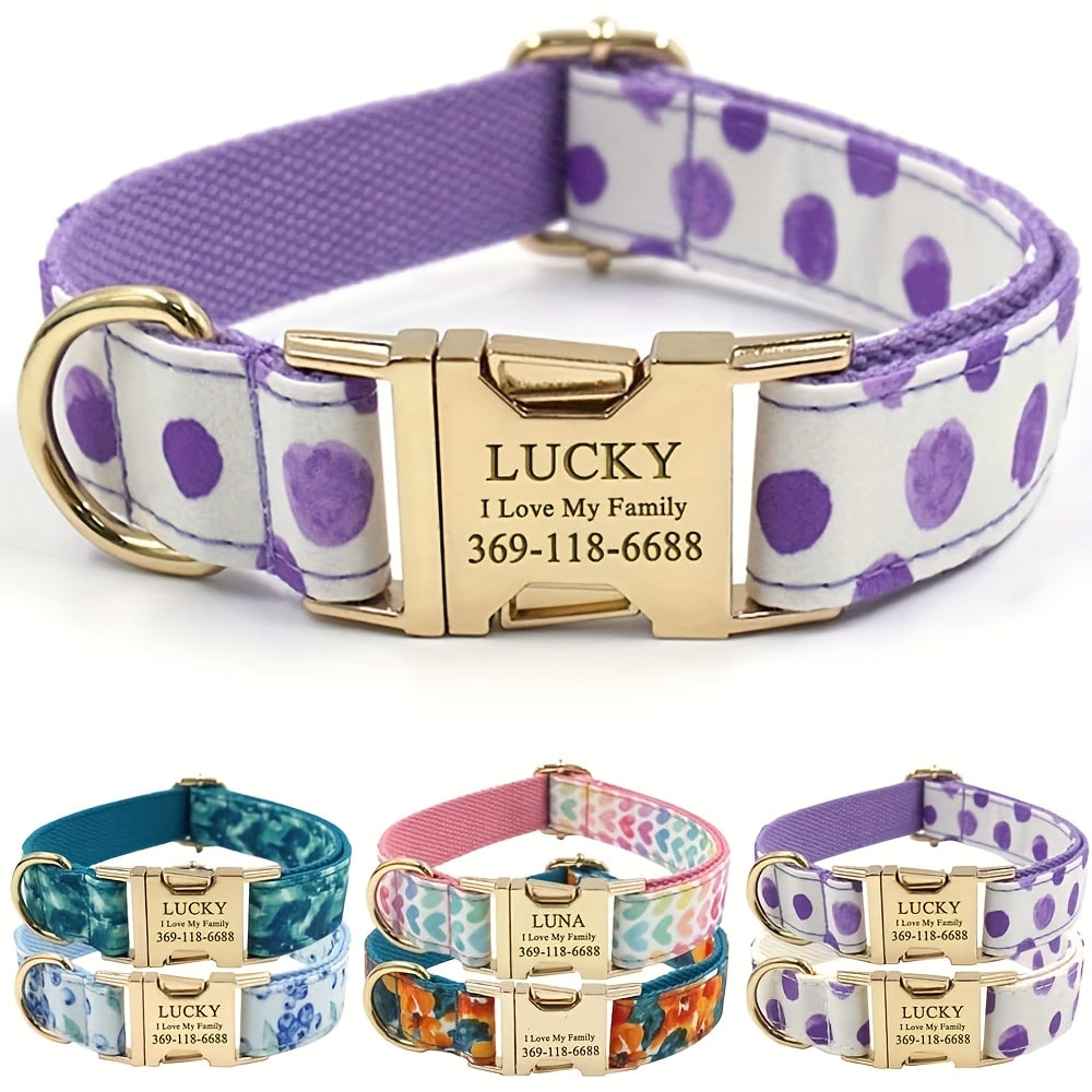 Personalized Dog Collar, Customized for Medium & Large Dogs, with Name & Phone Engraved on Metal Buckle, Multiple Pattern Prints, Fancy Cute Bow Tie Leash Available