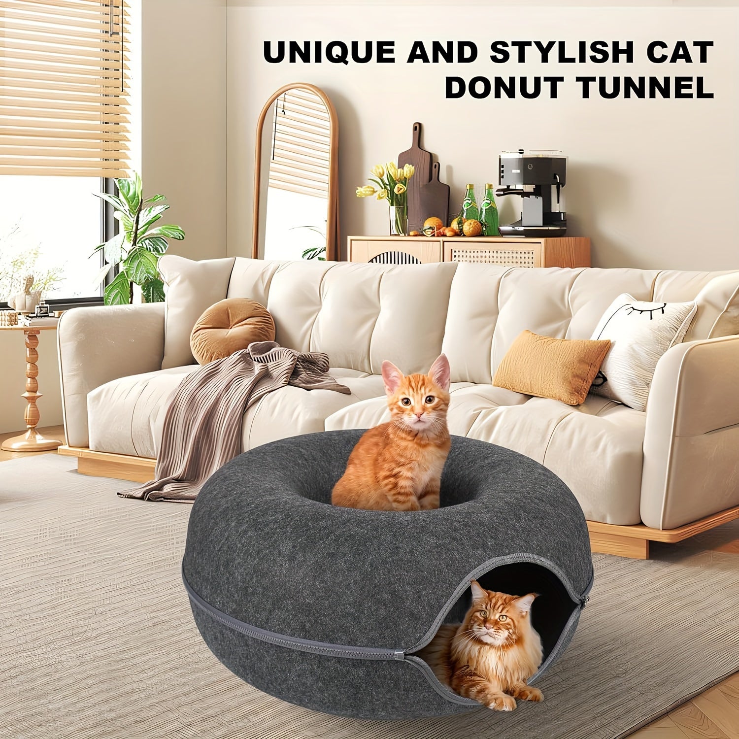 Peekaboo Cat Cave for Indoor Cats, Cat Donut Cat Tunnel Bed, Scratch Resistant Cat Toys for Medium Large Cats, Toy Ball with Bell