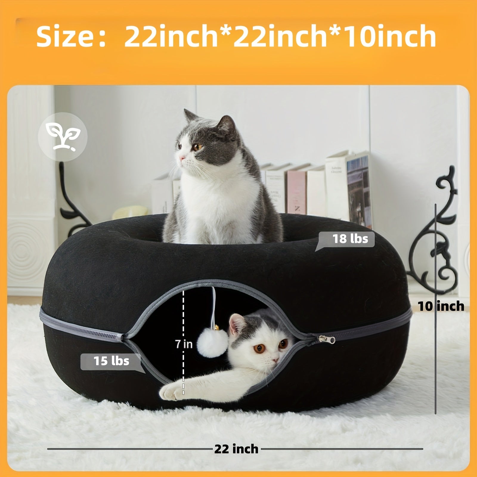 Peekaboo Cat Cave for Indoor Cats, Cat Donut Cat Tunnel Bed, Scratch Resistant Cat Toys for Medium Large Cats, Toy Ball with Bell