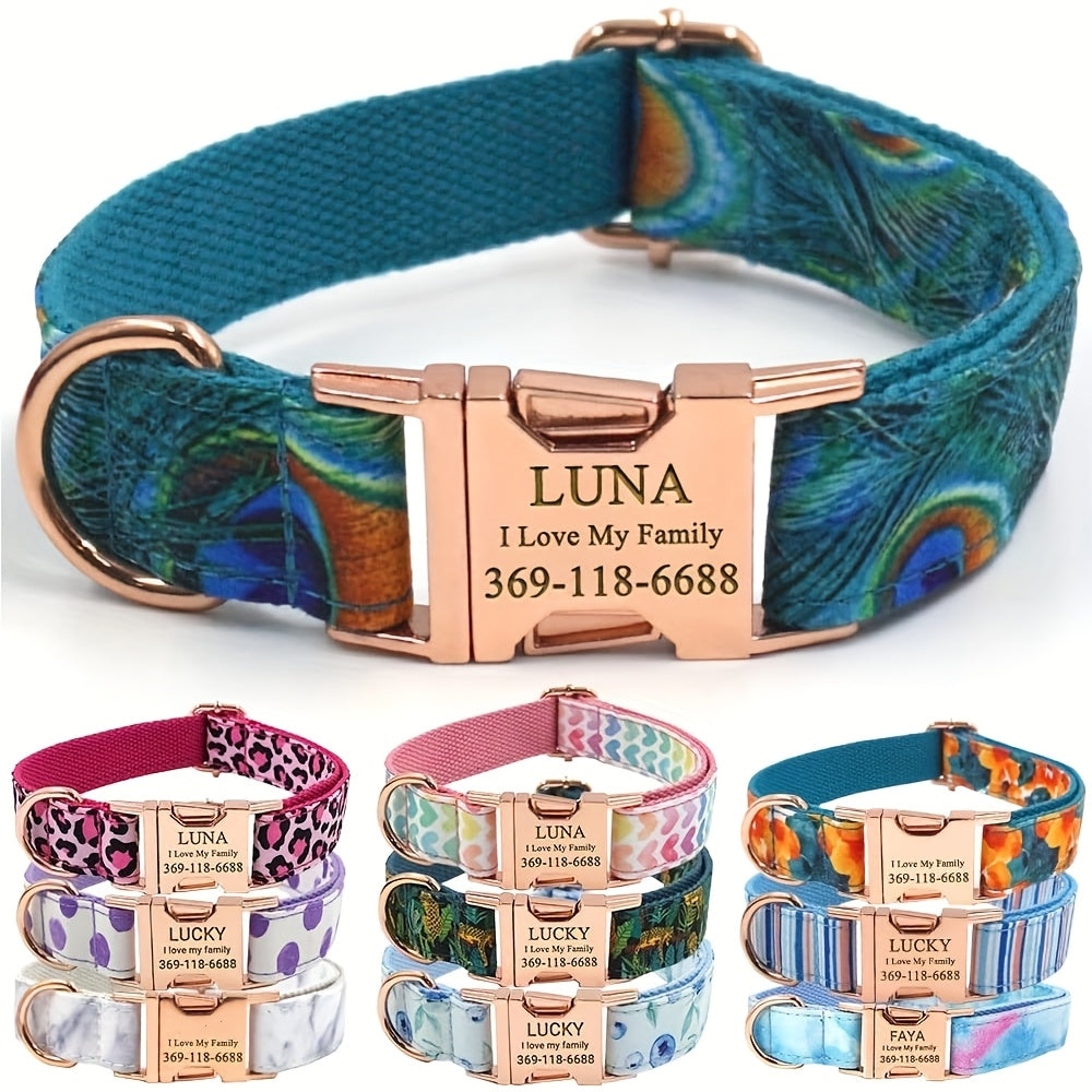 Personalized Dog Collar, Customized for Medium & Large Dogs, with Name & Phone Engraved on Metal Buckle, Multiple Pattern Prints, Fancy Cute Bow Tie Leash Available