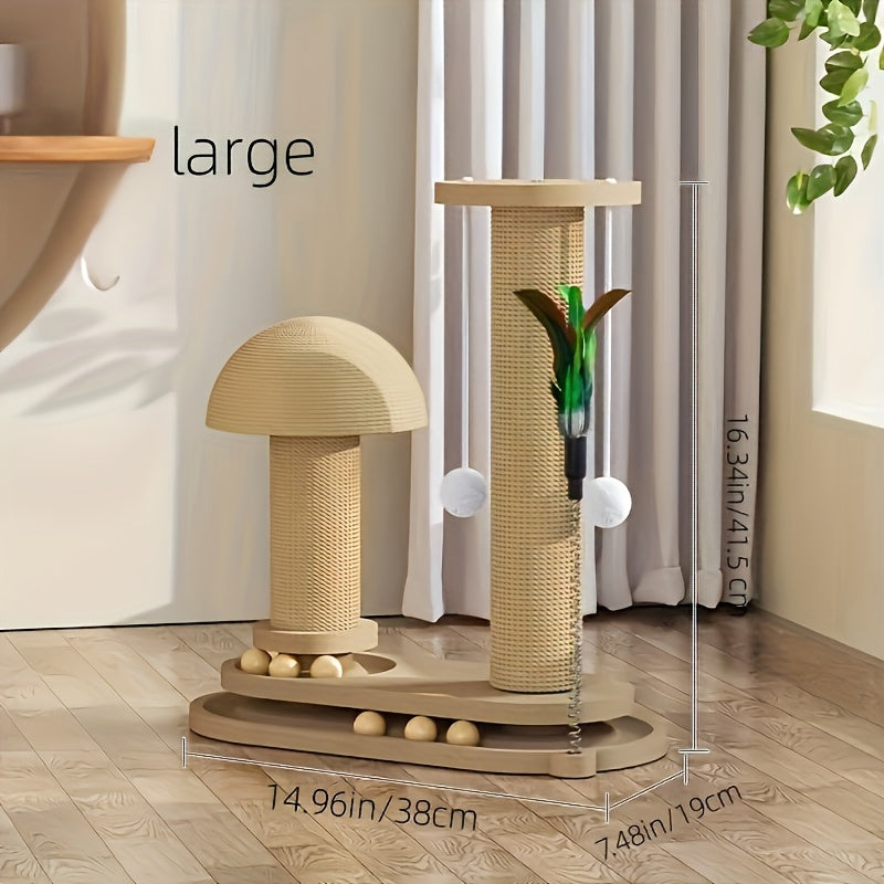 Multi-level Cat Scratching Post, Crafted From Premium Sisal, 4-in-1 Solid Wood Kitten Toy: Scratching Post + Six Wooden Toy Ball + Feather Toy + Dual-Layer Ball Track | Sturdy Anti-Tip Base,Durable, Perfect for Indoor Cats And Multi-cat Households