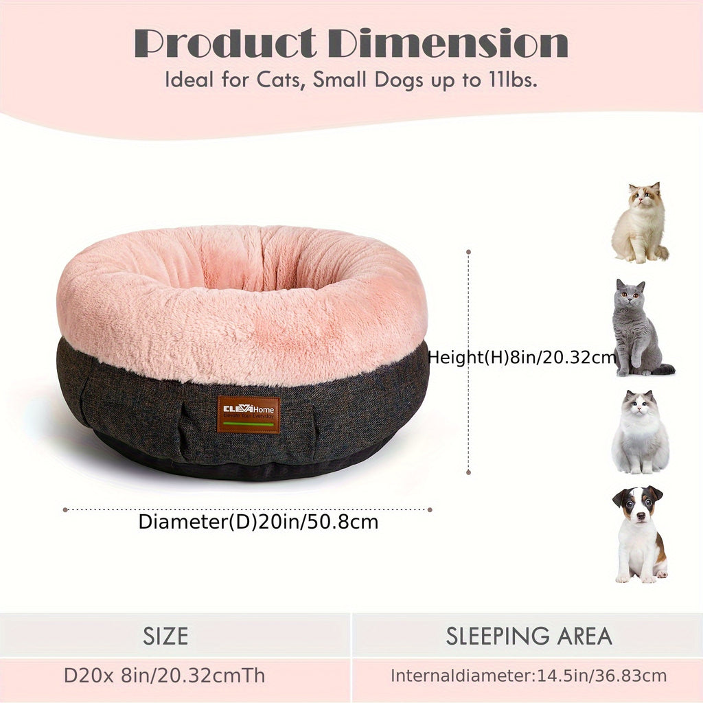 Indoor Cat Bed - 20-Inch Round Soft Pet Bed for Small Dogs And Cats Weighing Up to 11 Lbs, Comfortable Donut Shape with Elevated And Non-Slip Base, Machine Washable Fluffy Calming Bed for Kittens And Puppies