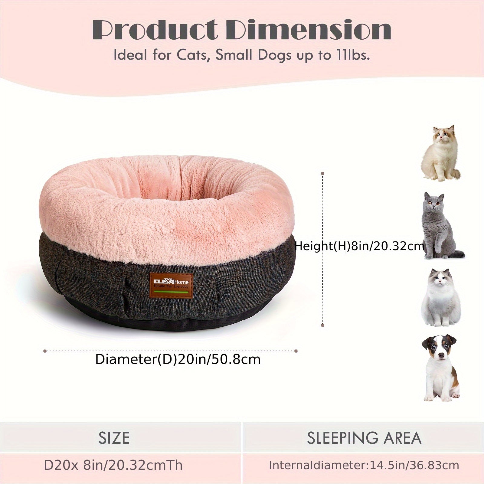 Indoor Cat Bed - 20-Inch Round Soft Pet Bed for Small Dogs And Cats Weighing Up to 11 Lbs, Comfortable Donut Shape with Elevated And Non-Slip Base, Machine Washable Fluffy Calming Bed for Kittens And Puppies