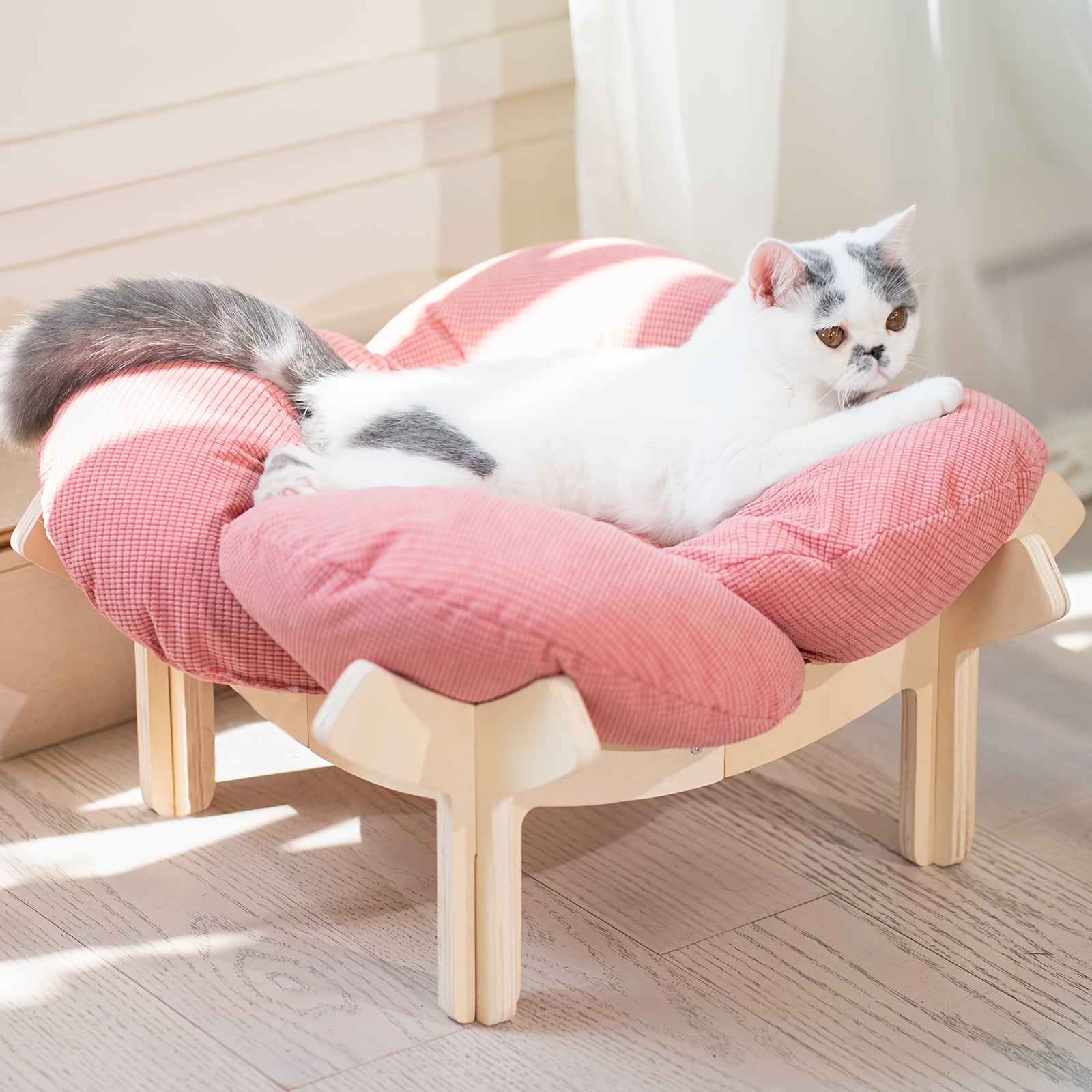 Elevated Cat Bed Wooden with Cushion Fluffy Pet Couch Sofa for Indoor Cats Raised Kitty Lounge Chair with Hardware Tool Suitable for Puppy, Cat Furniture