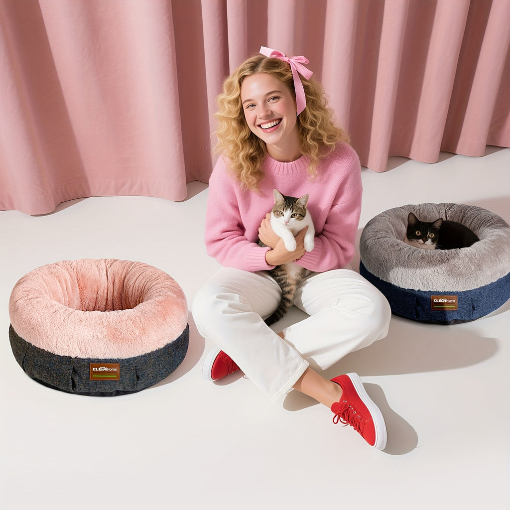 Indoor Cat Bed - 20-Inch Round Soft Pet Bed for Small Dogs And Cats Weighing Up to 11 Lbs, Comfortable Donut Shape with Elevated And Non-Slip Base, Machine Washable Fluffy Calming Bed for Kittens And Puppies